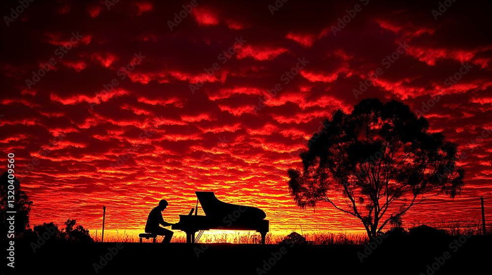 Fototapeta premium Pianist plays at sunset (4)
