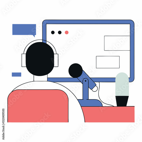 Line art of an online language class, student practicing pronunciation