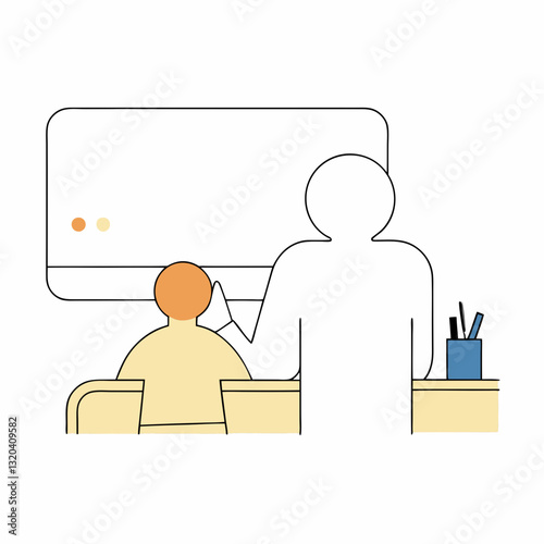 Minimal illustration of a tutor helping a child with homework, virtual lesson