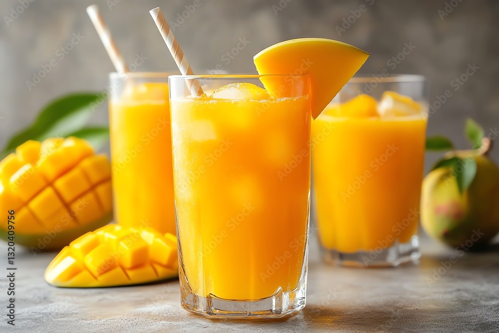 Fototapeta premium Refreshing Mango Juice with Ice and Fresh Mango Slices