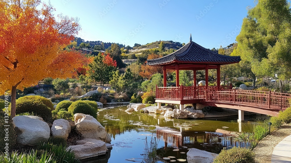 Fototapeta premium A scenic oriental garden scene with water and a red structure