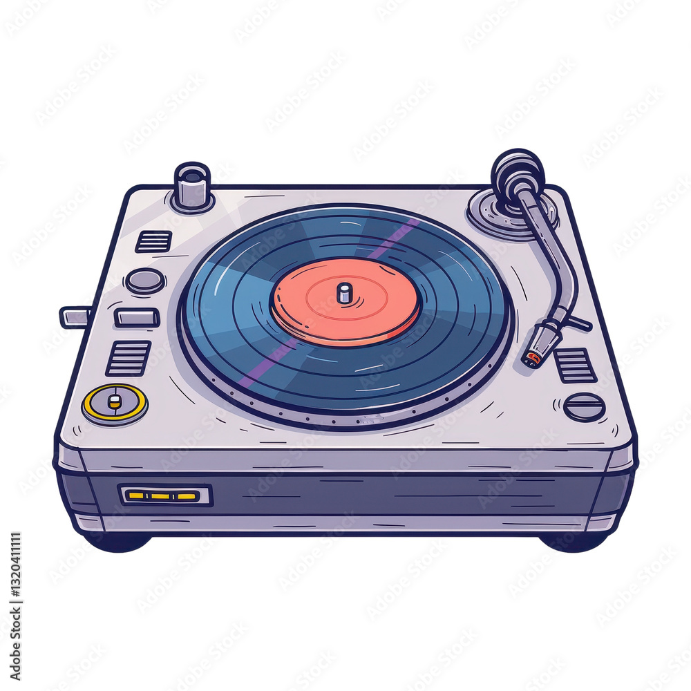 Fototapeta premium A vintage turntable with a record on it, featuring a stylus, knobs, and buttons.
