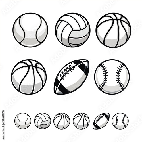 A set of sports balls including a basketball, a baseball, a football, a volleyball, and a rugby ball