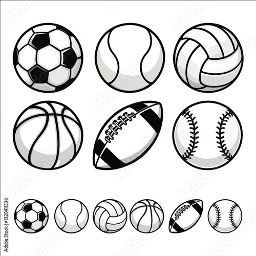 A set of sports balls including a basketball, a baseball, a football, a volleyball, and a rugby ball