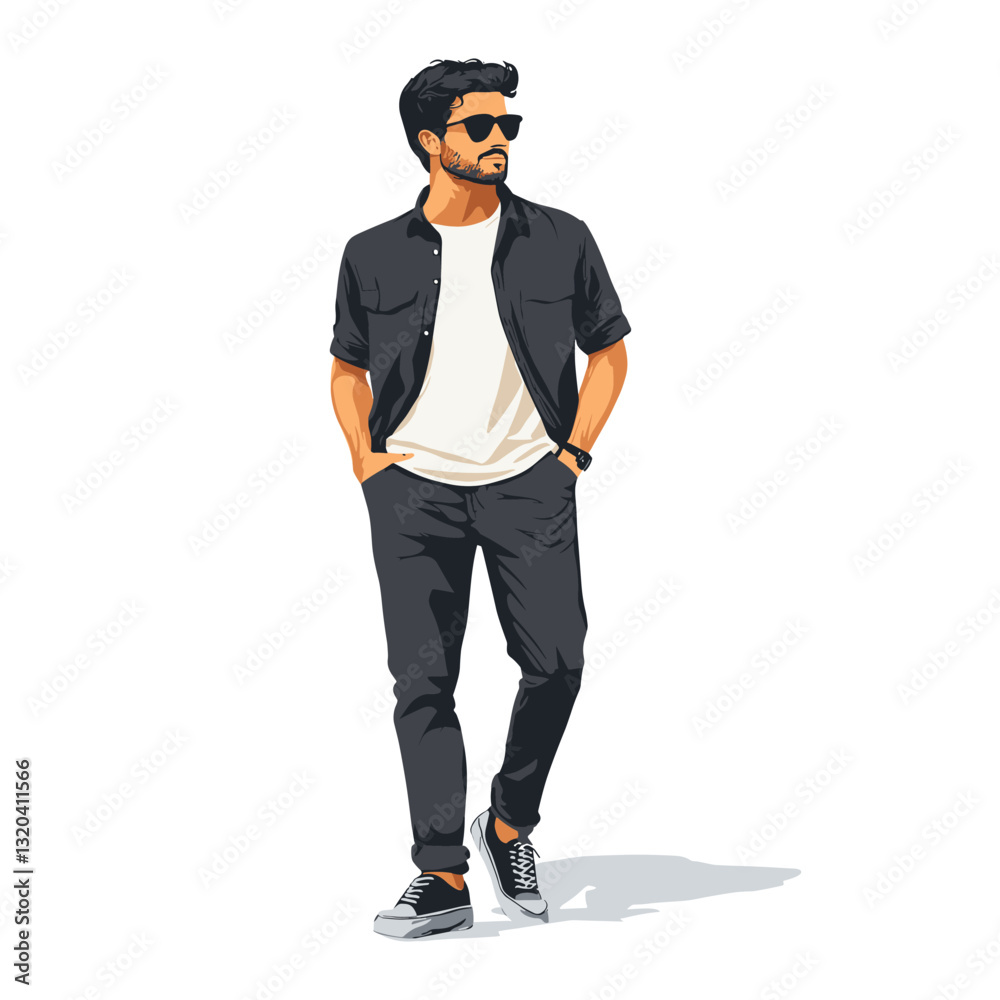 Young Man standing with hands in pockets character isolated on a white background, Flat style cartoon vector illustration Young Man standing with hands in pockets character isolated on a white background, Flat style cartoon vector illustration