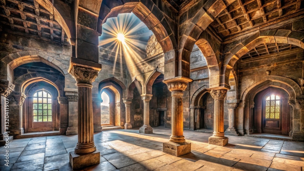 Obraz premium Ancient Stone Architecture with Rays of Sunlight Streaming In