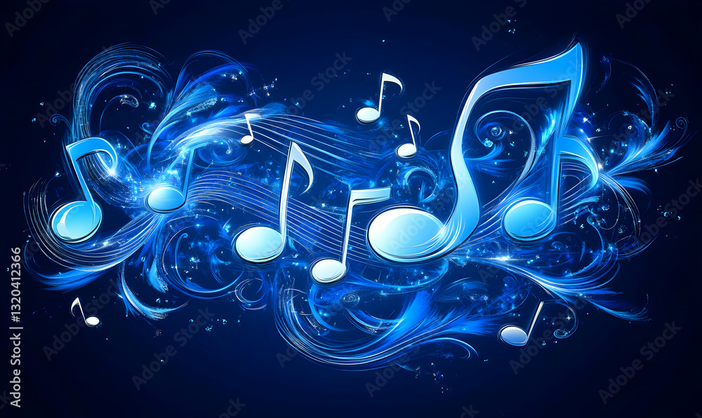 Fototapeta premium Abstract blue musical notes design, swirling artistic background, perfect for music-themed projects, websites, and presentations.