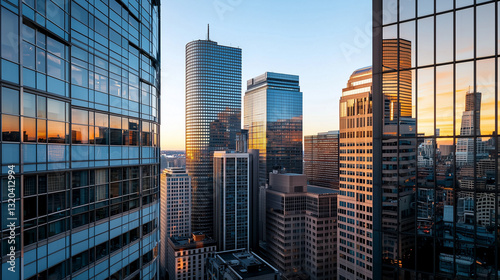 Breathtaking View of Boston's Downtown Financial District Skyline with Modern Skyscrapers at Sunset