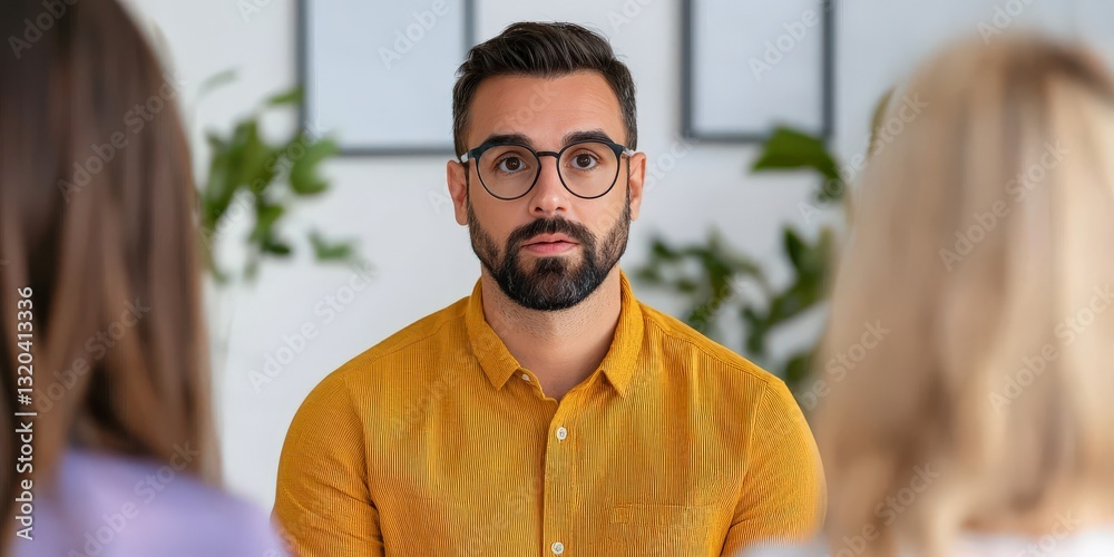 Fototapeta premium budget income optimization concept. A man in a patterned shirt engages with two people in discussion.