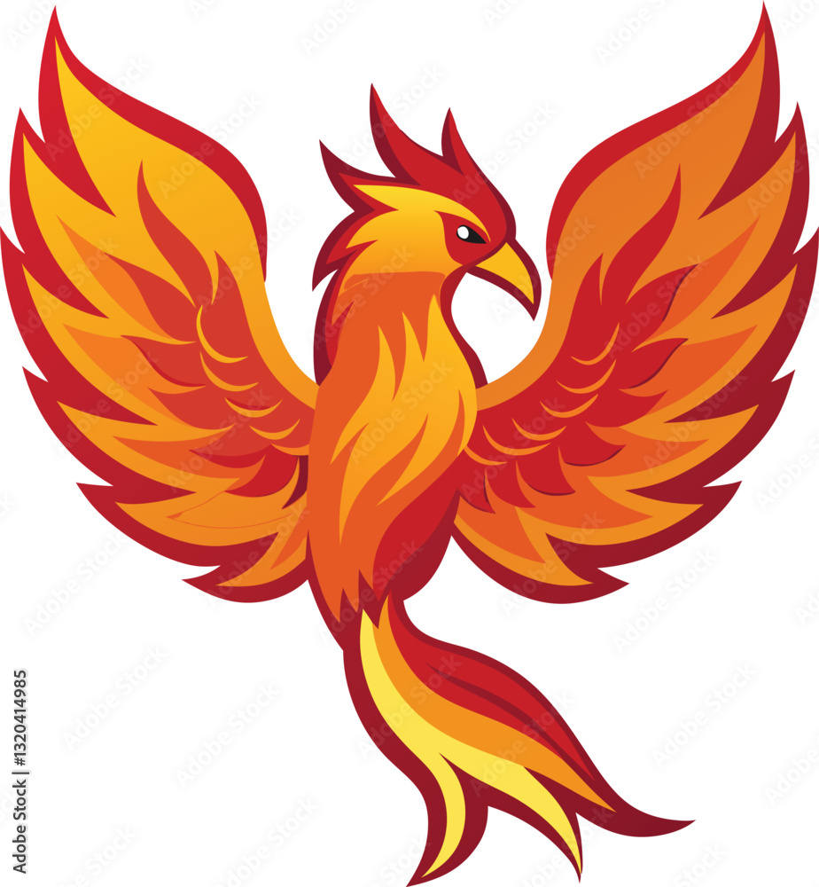 Obraz premium Fiery Phoenix Vector Illustration with Bold Colors, Dynamic phoenix vector artwork featuring intense flames and bold colors, representing power, rebirth, and resilience. 