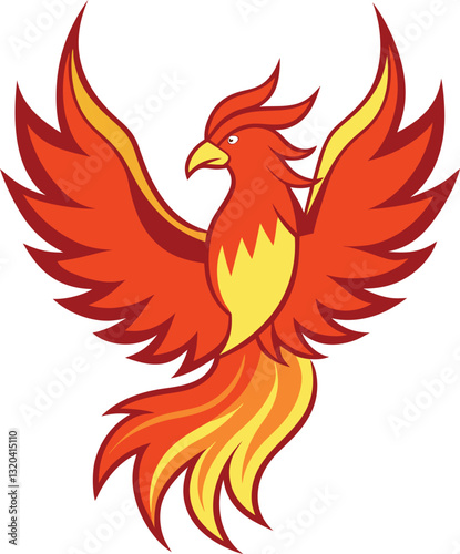 Phoenix Vector Illustration with Flames, Vibrant phoenix vector illustration featuring fiery wings and tail, symbolizing rebirth and power.
