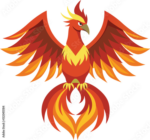 Fiery Phoenix Bird Vector Illustration in Red, Yellow, and Orange, A fierce and vibrant phoenix bird vector illustration in red, yellow, and orange, ideal for fantasy, mythical, or fire-related themes