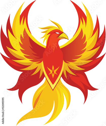 Majestic Phoenix Bird Vector Illustration in Red and Yellow, A vibrant and powerful phoenix bird vector illustration with fiery red and yellow hues, perfect for fantasy, mythical, or fire-themed desig