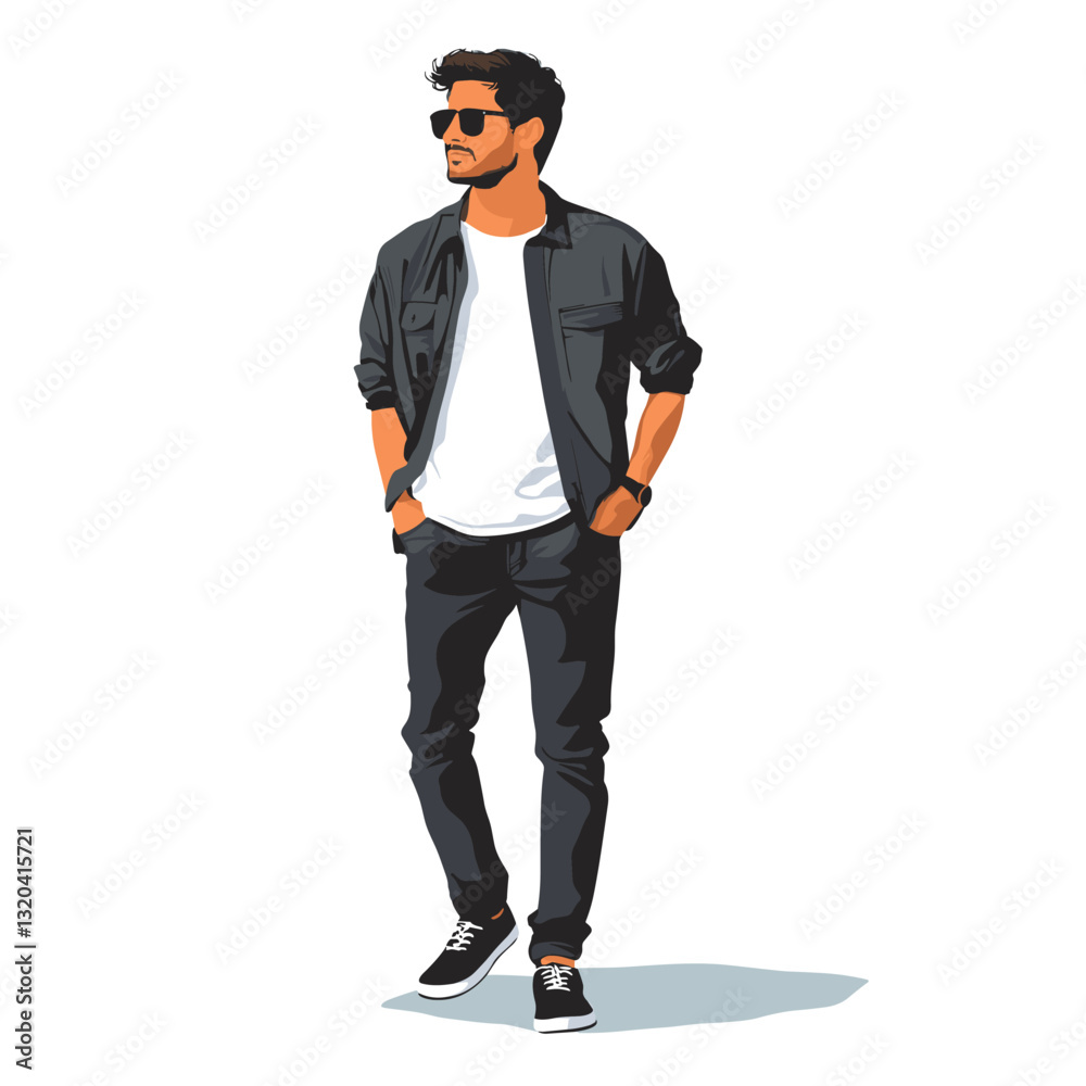 Young Man standing with hands in pockets character isolated on a white background, Flat style cartoon vector illustration Young Man standing with hands in pockets character isolated on a white background, Flat style cartoon vector illustration