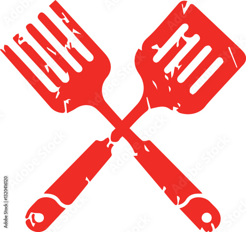 Red Grunge Fork and Spatula Icon for Culinary Design