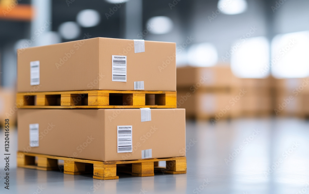 Stacked cardboard boxes with customs labels on wooden pallets in warehouse. organized arrangement creates sense of efficiency and readiness for shipping Stacked cardboard boxes with customs labels on wooden pallets in warehouse. organized arrangement creates sense of efficiency and readiness for shipping