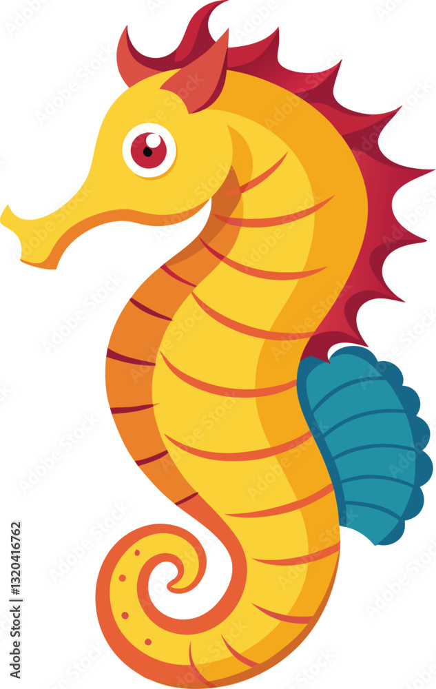 Fototapeta premium Playful Seahorse Vector Illustration with Vibrant Colors, A colorful and playful seahorse vector illustration in bright yellow and red tones, perfect for marine and children's design projects. 