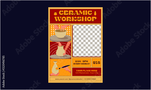 Ceramic Workshop Flyer. pottery workshop advertising vectot poster design template. Hand made ceramics, clay crockery flat illustration. Pottery lesson, ceramic studio, hobby master class invitation l