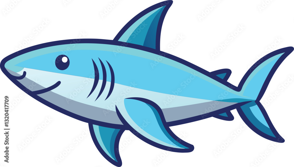 Naklejka premium Smiling Shark Vector Illustration, A cheerful cartoon shark vector with a big smile, ideal for fun ocean and marine-themed designs. 