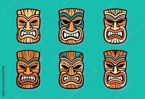 A set of six wooden faces with a blue background