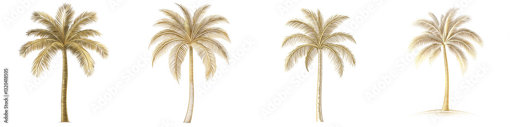 Obraz premium Stunning image showcasing a row of gorgeous golden palm trees swaying gracefully in a tropical breeze with a serene ocean backdrop and a sunlit coastline