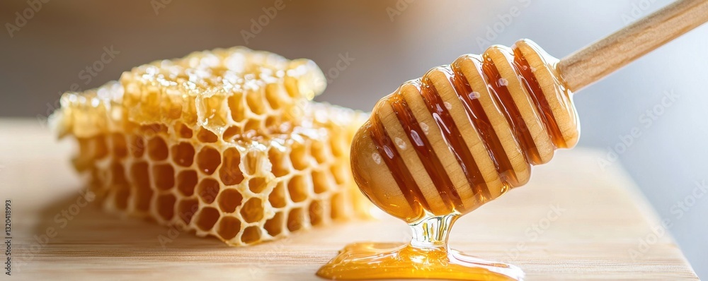 A close-up of honeycomb and a honey dipper, showcasing the golden, viscous texture of honey dripping from the dipper. A close-up of honeycomb and a honey dipper, showcasing the golden, viscous texture of honey dripping from the dipper.