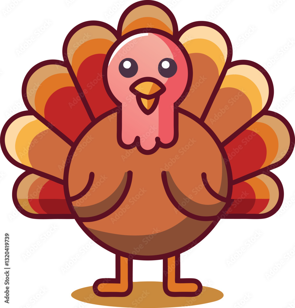 Obraz premium Cute turkey vector illustration with colorful feathers, A playful vector illustration of a turkey with vibrant feathers and a friendly expression, perfect for Thanksgiving or animal-themed designs.