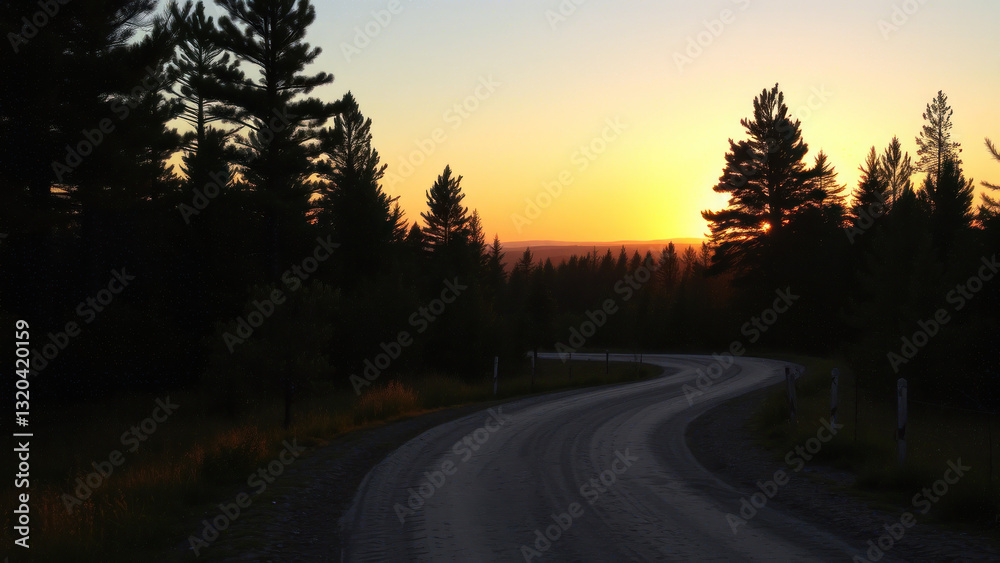Winding dirt road surrounded by dense forest Winding dirt road surrounded by dense forest