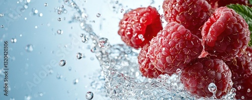 Fresh raspberries splash into water, creating dynamic droplets against a soft blue background, highlighting their vibrant color and texture.