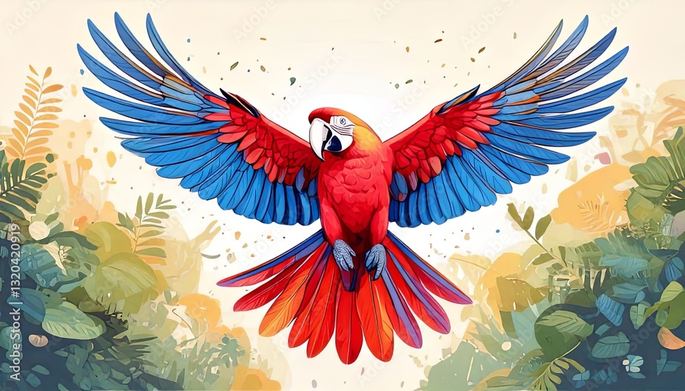Obraz premium A vibrant watercolor-style illustration of a scarlet macaw soaring through the air, surrounded by lush tropical foliage on a light artistic background.