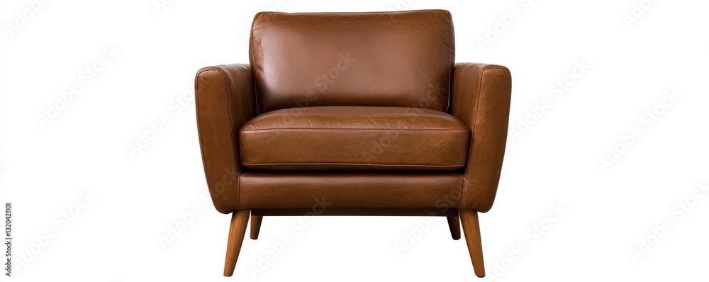 Naklejka premium A stylish brown leather armchair with wooden legs, perfect for adding comfort and elegance to any living space.