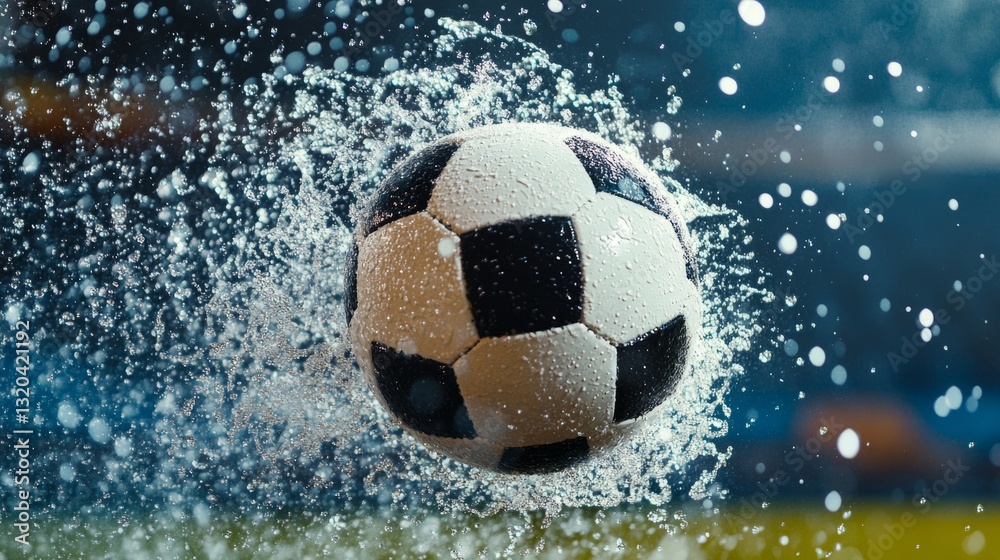 Fototapeta premium Soccer ball mid-kick with splashing water droplets, capturing dynamic energy and motion. 