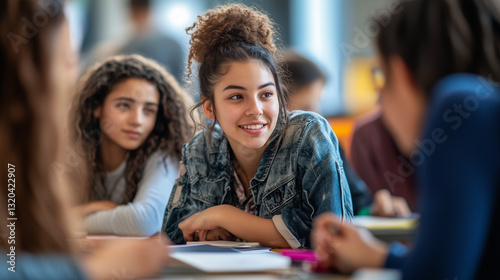 Diverse group of students sitting around a table in a classroom, studying and discussing.