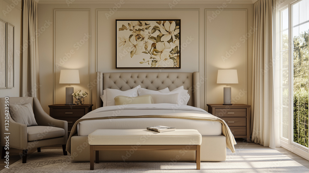 Fototapeta premium Elegant and Cozy Bedroom Interior Design Featuring Neutral Tones and Floral Artwork.