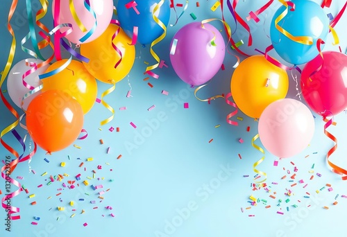 Vibrant streamers, balloons, confetti, and a blank birthday card on a bright background, rainbow, green