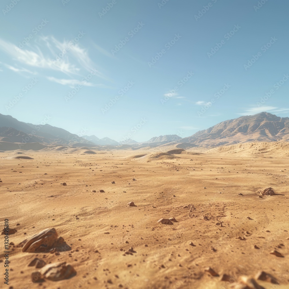 Fototapeta premium Empty Martian Desert Landscape Under Sunny Sky