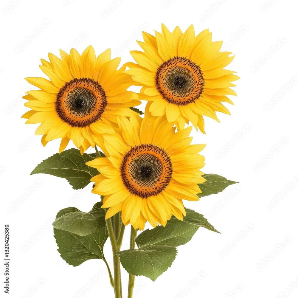 Fototapeta premium Radiant sunflowers with lush green leaves in full bloom