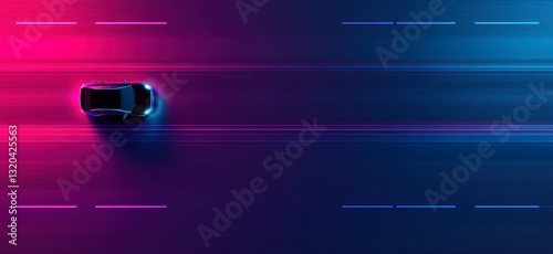 Aerial View of a Car Driving on a Neon Lit Road at Night