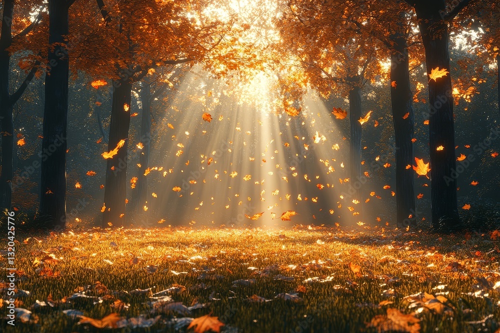 Fototapeta premium Autumn Leaves Falling in Forest Clearing with Sunlight and Shadows, Ethereal Glow and Light Particles Dancing.