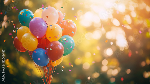 Child's colorful balloon bouquet with confetti and streamers, celebrating joy and playfulness on International Children's Day.