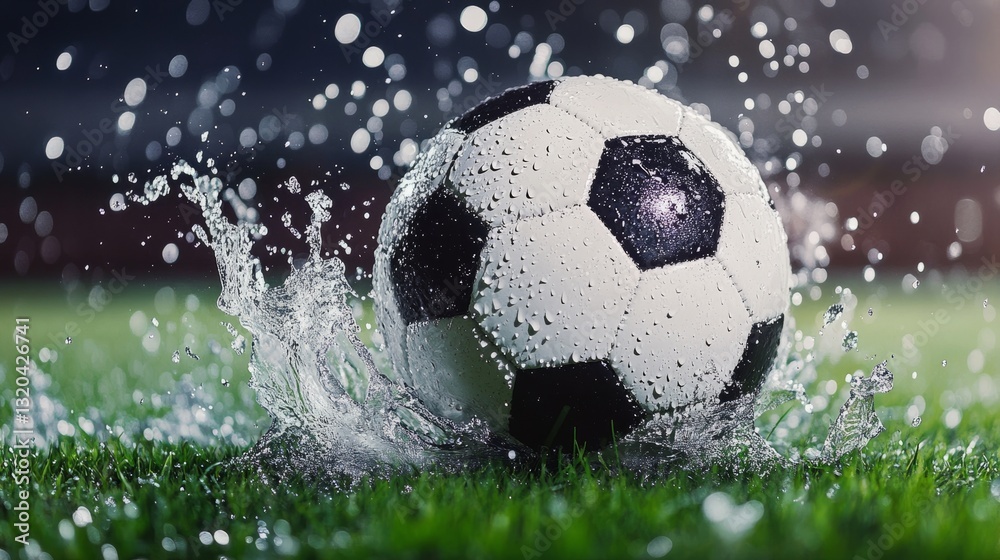Fototapeta premium Soccer ball mid-kick with splashing water droplets, capturing dynamic energy and motion. 