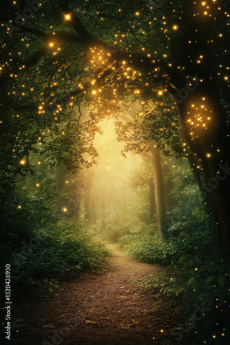 Enchanted forest path illuminated by countless glowing fireflies, creating a magical and serene atmosphere amidst the lush greenery and towering trees.