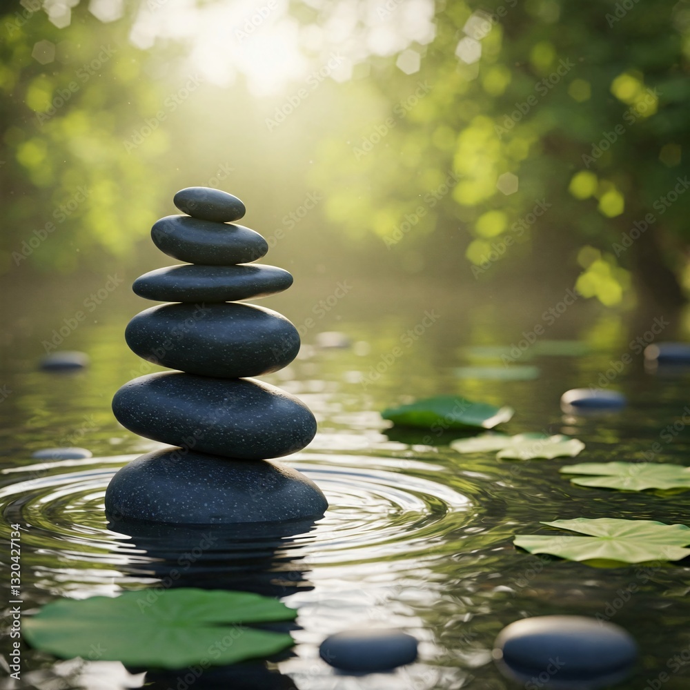 Fototapeta premium Zen stone cairn in serene pond with sunlight and lily leaves