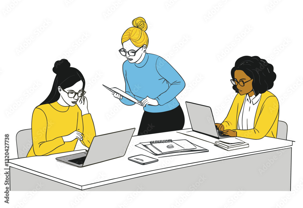 Three women are sitting at a table with laptops and books Three women are sitting at a table with laptops and books