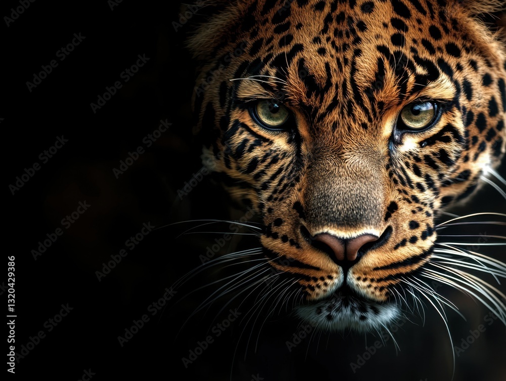 Obraz premium A powerful close-up of a leopard's face, emphasizing its striking fur pattern and intense gaze against a dark background.