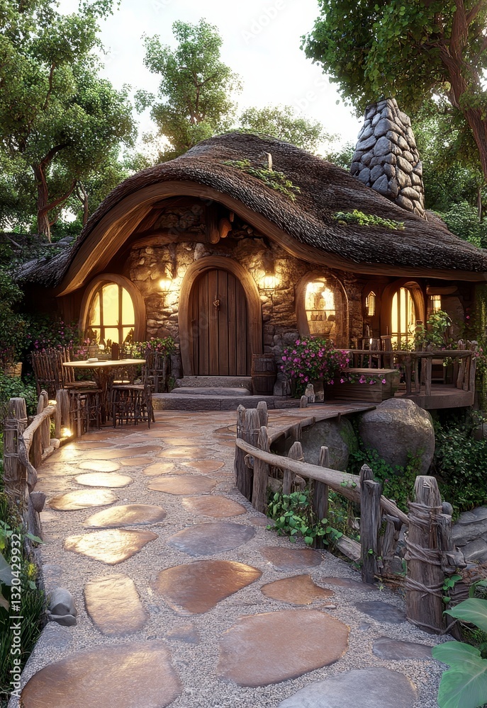 Fototapeta premium Stone Cottage in a Lush Forest at Dusk