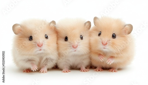 Three Fluffy Cream Colored Hamsters Closeup on White Background