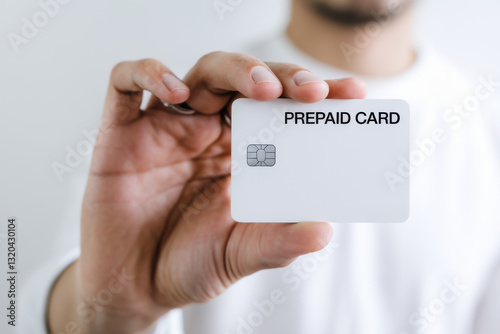 Man hand holding blank white prepaid card. Studio shot isolated on white