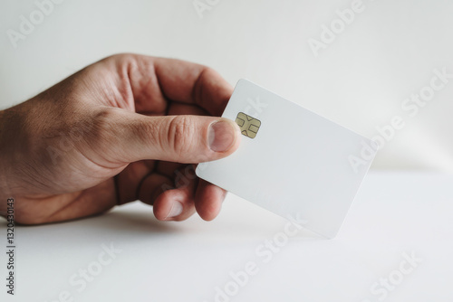 Man hand holding blank white prepaid card. Studio shot isolated on white