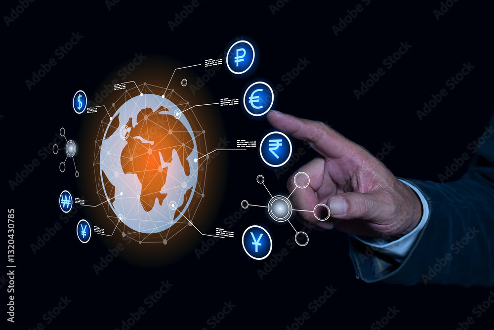 Businessman pointing money symbols of financial transactions, online exchange and the importance of managing money, internet network security technology.
